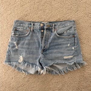 Agolde Light Blue Frayed Hem Jean Shorts